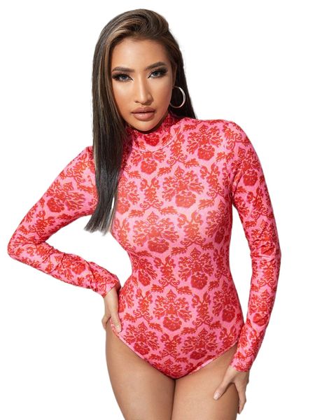 damask print mock neck bodycon bodysuit o29v#, White 
damask print mock neck bodycon bodysuit o29v#, White