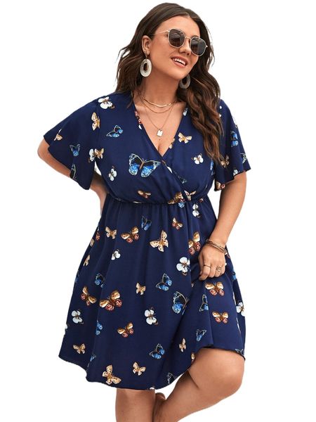 plus butterfly print a-line dress l41f#, Black