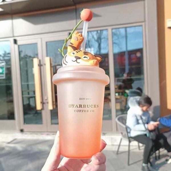 starbucks cup 2022 new year gift 520ml cute tiger shape gradient glass straw cup coffee cup drink water
