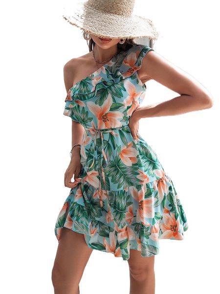 one shoulder tropical print layered trim tie front ruffle hem dress u5gd#, Black;gray
one shoulder tropical print layered trim tie front ruffle hem dress u5gd#, Black;gray