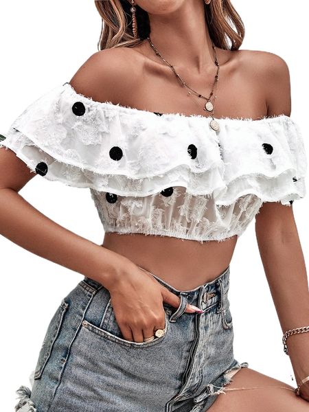 polka dot embroidered off shoulder ruffle trim fuzzy f69z#, White
polka dot embroidered off shoulder ruffle trim fuzzy f69z#, White