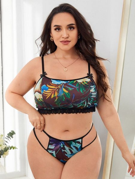 plus tropical print contrast lace cut-out lingerie set a5lc#, Black;white 
plus tropical print contrast lace cut-out lingerie set a5lc#, Black;white
