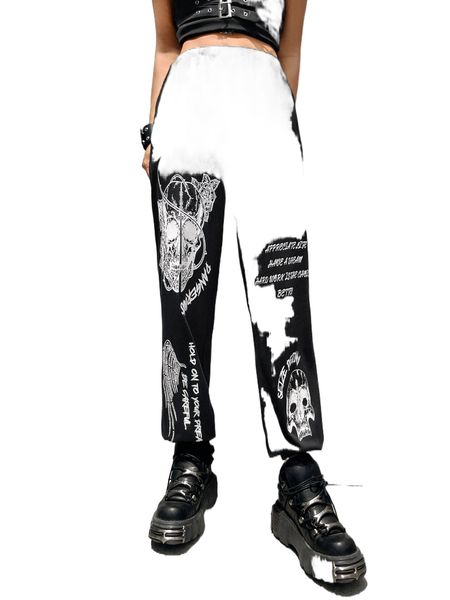 skull & slogan graphic high waist sweatpants m1t7#, Black;white