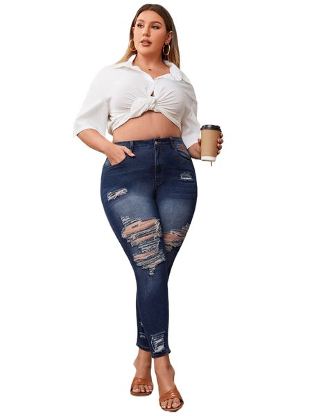 plus cut out ripped frayed skinny jeans o9bg#, Blue
