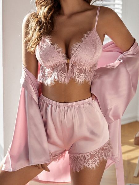 contrast lace cami & shorts with robe x0fa#, Black;red