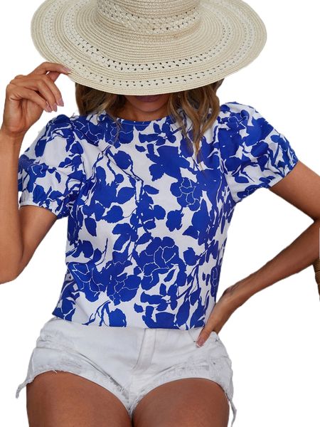 floral print puff sleeve blouse p5ox#, White
