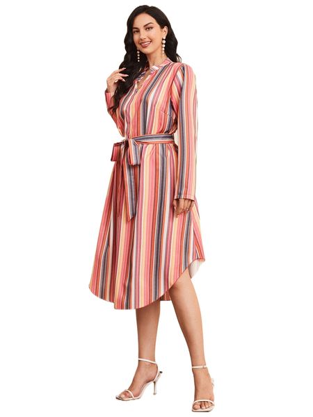 plus striped print notched neck belted dress 1178#, Black
plus striped print notched neck belted dress 1178#, Black