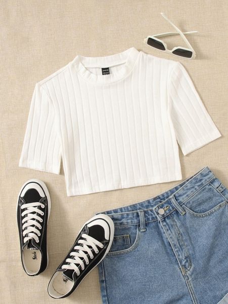 solid rib knit crop tee j1xu#, White