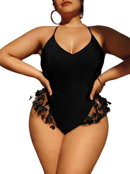 plus appliques mesh trim crisscross backless one piece swimsuit g0jg#, White;black 
plus appliques mesh trim crisscross backless one piece swimsuit g0jg#, White;black