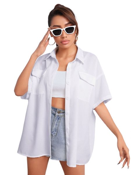 flap pocket drop shoulder blouse b41a#, White