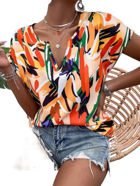 brush print notched neck blouse g54k#, White