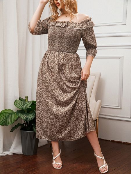 plus ditsy floral print frilled off shoulder shirred flounce sleeve dress n6kj#, Black
plus ditsy floral print frilled off shoulder shirred flounce sleeve dress n6kj#, Black