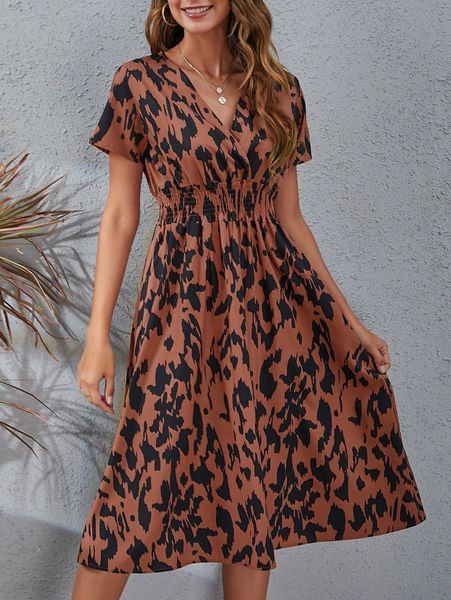 allover print surplice front shirred waist dress t4ke#, Black;gray
