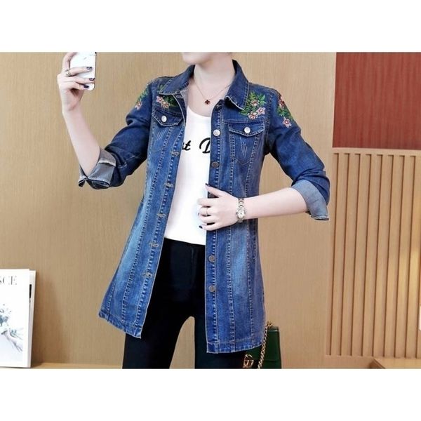 vintage floral embroidery denim jacket femme women jackets outwear casacos feminino autumn casual basic long jeans coats y200101, Black;brown
vintage floral embroidery denim jacket femme women jackets outwear casacos feminino autumn casual basic long jeans coats y200101, Black;brown