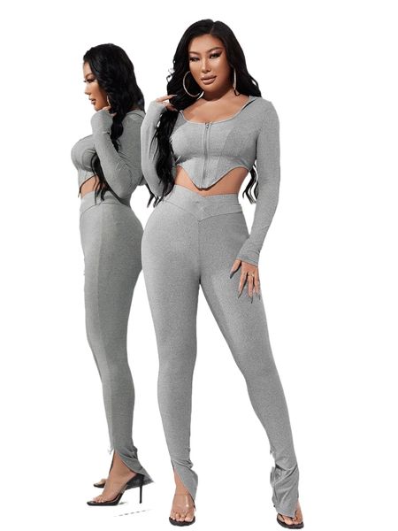 zip up asymmetrical hem crop hooded with leggings v0ed#, White