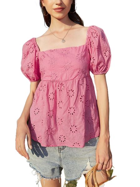 puff sleeve square neck eyelet embroidery blouse r9qv#, White 
puff sleeve square neck eyelet embroidery blouse r9qv#, White