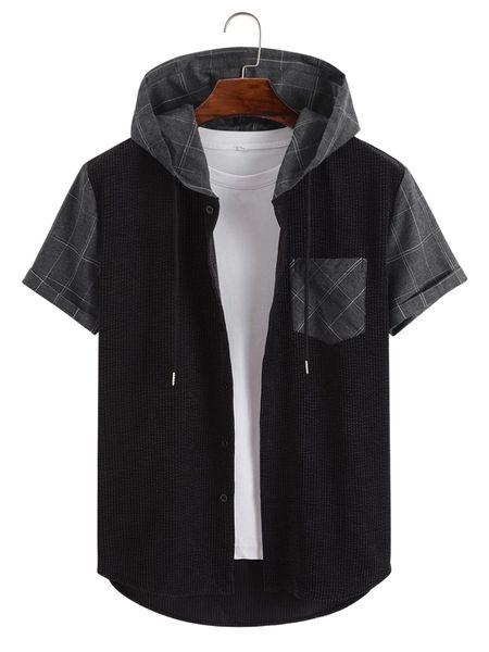 men plaid patched pocket drawstring hooded corduroy shirt without tee 99ue#, White;black
men plaid patched pocket drawstring hooded corduroy shirt without tee 99ue#, White;black