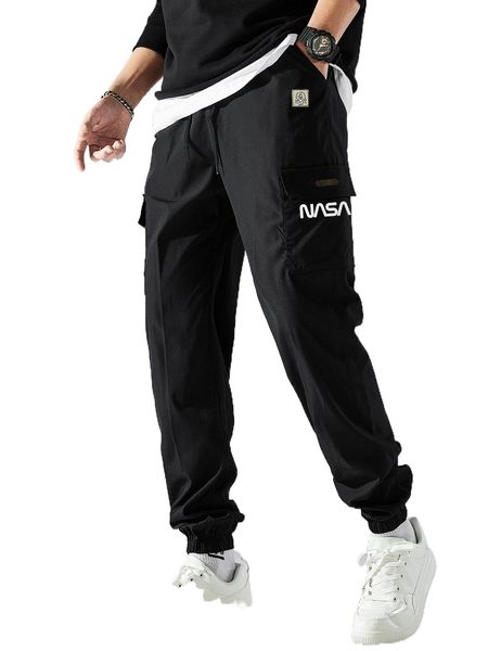 men letter graphic patched detail cargo pants c4li#, Black