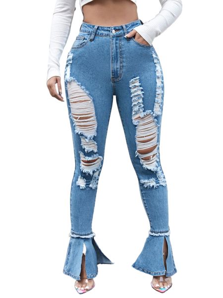 sxy ripped split hem flare leg jeans q00r#, Blue