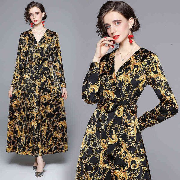 luxury designer women's dresses v-neck long sleeve printed waist lace up dresses, Black;gray
luxury designer women's dresses v-neck long sleeve printed waist lace up dresses, Black;gray