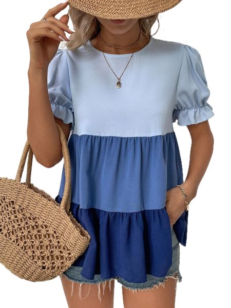 color block puff sleeve peplum blouse k6mf#, White
color block puff sleeve peplum blouse k6mf#, White