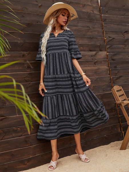 striped notch neck flounce sleeve dress m47d#, Black;gray 
striped notch neck flounce sleeve dress m47d#, Black;gray
