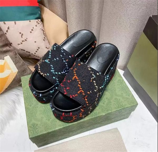 2022 designer platform slides womens slippers fashion luxury summer outdoor sandals beach thick sole shoes wedges sandals size 35-44, Black