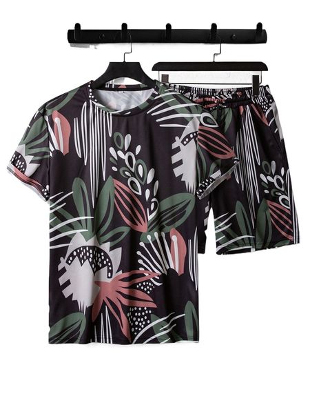 men tropical print tee & drawstring waist shorts k6vc#, Gray 
men tropical print tee & drawstring waist shorts k6vc#, Gray