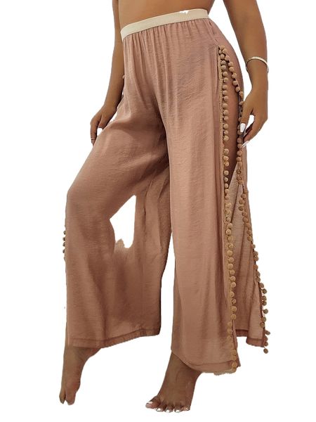 plus pom pom trim high split cover up pants u6ki#, Black
