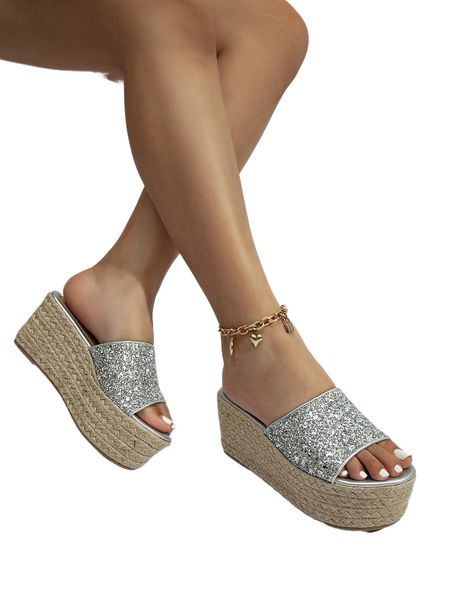 glitter espadrille wedge slide sandals l2dk#, Black;white