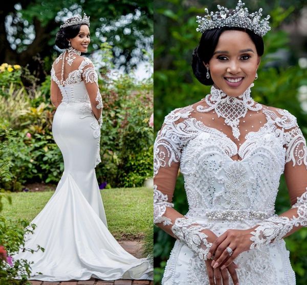 arabic aso ebi luxurious mermaid beaded wedding dress long sheer sleeves pearls bridal gown hight neck vestidos de mariage, White
arabic aso ebi luxurious mermaid beaded wedding dress long sheer sleeves pearls bridal gown hight neck vestidos de mariage, White