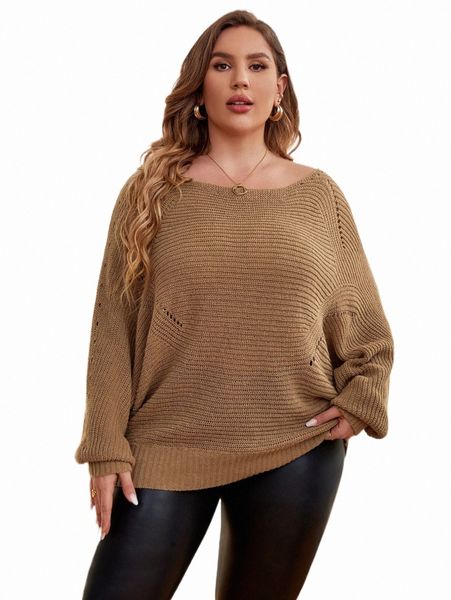 plus eyelet detail batwing sleeve sweater c4wz#, Black