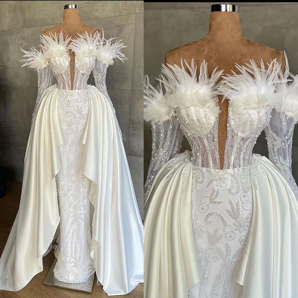 ivory wedding dress 2022 feather off shoulder long sleeve illusion bridal gownstiered pleats vestido de noiva custom made, White
ivory wedding dress 2022 feather off shoulder long sleeve illusion bridal gownstiered pleats vestido de noiva custom made, White