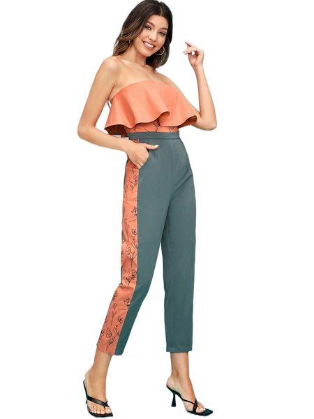 x sogna floral print two tone ruffle trim tube jumpsuit 71ut#, Black;white