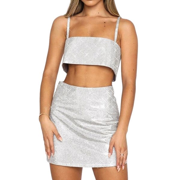 women's women active solid color birthday party festival two piece set camis skirt sequins c36g#, White
women's women active solid color birthday party festival two piece set camis skirt sequins c36g#, White