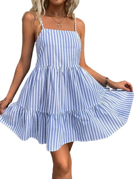 striped ruffle hem cami dress k4tr#, Black;gray