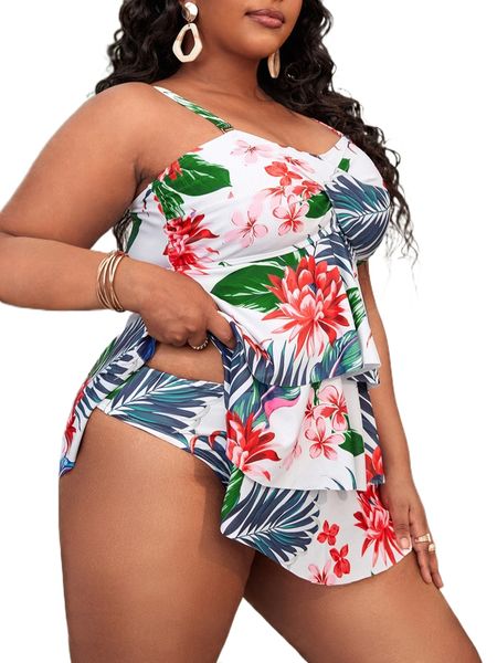 plus tropical print tiered layer bikini swimsuit k3xh#, White;black 
plus tropical print tiered layer bikini swimsuit k3xh#, White;black