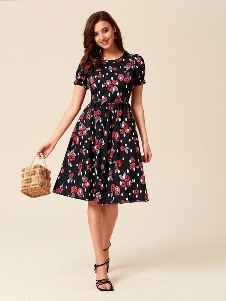 polka dot & floral print puff sleeve dress k9xo#, Black;gray 
polka dot & floral print puff sleeve dress k9xo#, Black;gray