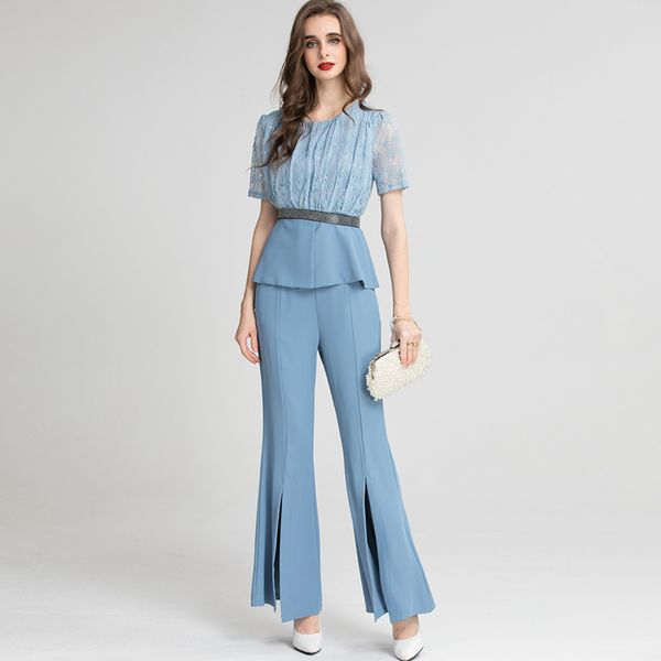 women's two piece pants sets o neck short sleeves patchwork blouse with long split pants fashion twinsets, White
women's two piece pants sets o neck short sleeves patchwork blouse with long split pants fashion twinsets, White