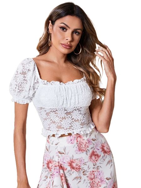 square neck frill trim puff sleeve lace crop h7b5#, White