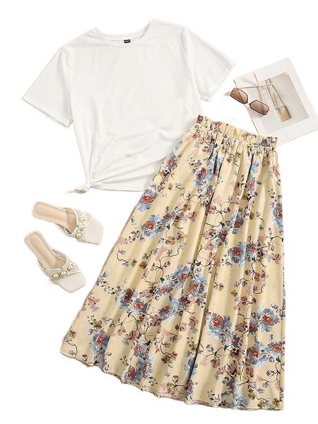 solid tee & floral print skirt 67lz#, White 
solid tee & floral print skirt 67lz#, White