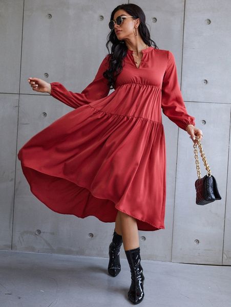 notched neck ruffle hem high low hem dress z3ma#, Black;gray 
notched neck ruffle hem high low hem dress z3ma#, Black;gray
