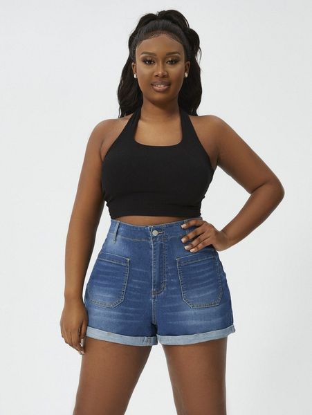 plus high waist pocket patched denim shorts n94b#, White;black