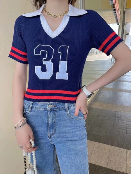 509 2022 summer kint pullover short sleeve blue lapel neck brand same style sweater plaid luxury womens clothes dl, White;black
509 2022 summer kint pullover short sleeve blue lapel neck brand same style sweater plaid luxury womens clothes dl, White;black