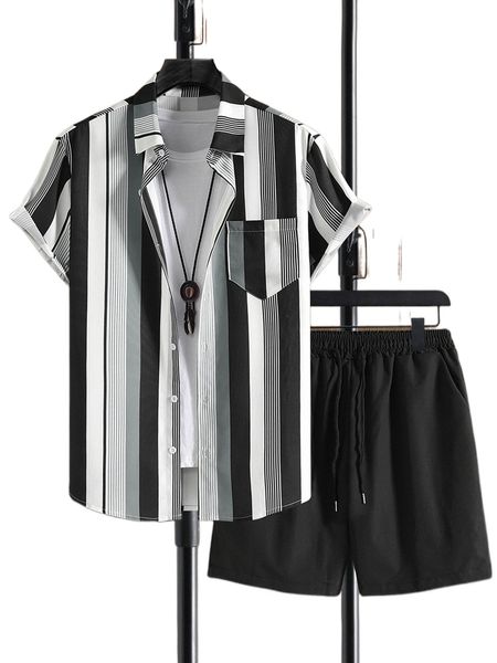 men striped print patched pocket shirt & drawstring waist shorts without tee w8u8#, Gray
men striped print patched pocket shirt & drawstring waist shorts without tee w8u8#, Gray