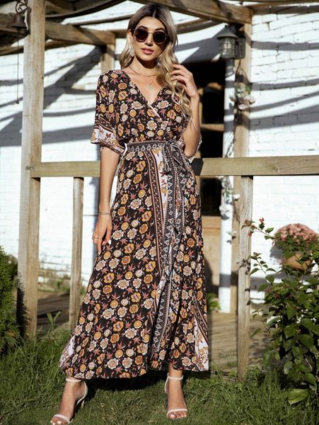 floral print surplice neck belted dress o1ji#, Black;gray 
floral print surplice neck belted dress o1ji#, Black;gray