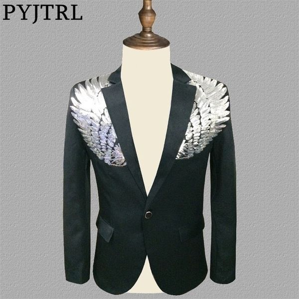 pyjtrl blazer men stylish black silver wing sequins slim fit shiny blazers party prom stage dj singers suit jacket costume 201104, White;black
pyjtrl blazer men stylish black silver wing sequins slim fit shiny blazers party prom stage dj singers suit jacket costume 201104, White;black