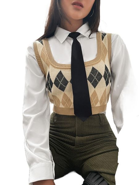 argyle pattern sweater vest without blouse 50wh#, White;black