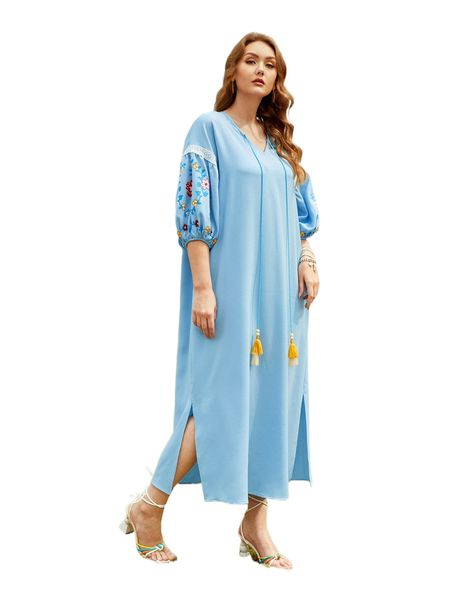 plus floral print contrast lace batwing sleeve tassel tie front dress f7c1#, Black
plus floral print contrast lace batwing sleeve tassel tie front dress f7c1#, Black