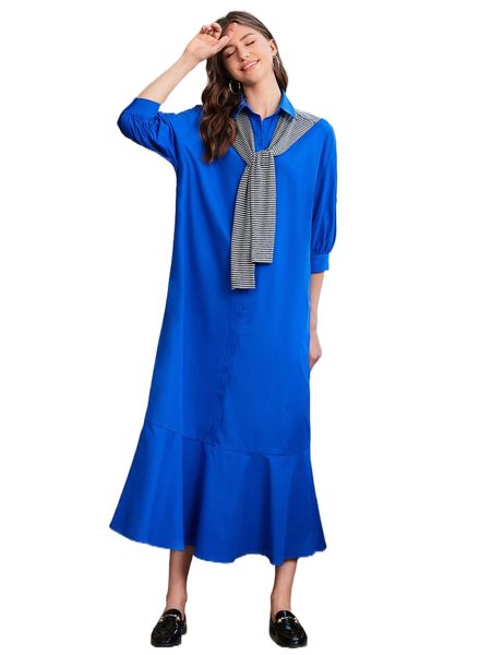 solid ruffle hem dress & striped scarf m2on#, Black;gray